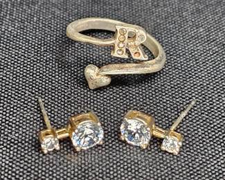  Sterling Silver Initial R Ring & Post Earrings