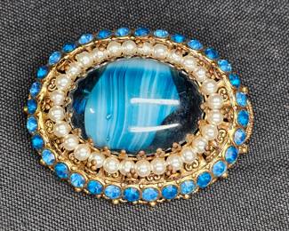 Vintage Blue Art Glass & Rhinestone Brooch