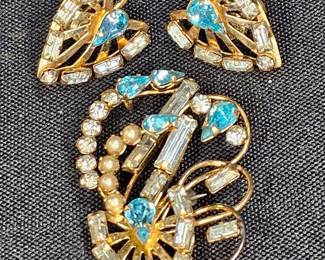  Vtg Star Art Floral Rhinestone Brooch & Earrings