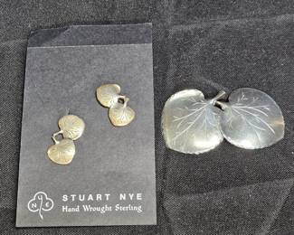 Stuart Nye Sterling Dbl Leaf Brooch & Earrings