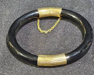 Vtg Chinese Export Black Glass HInged Bangle