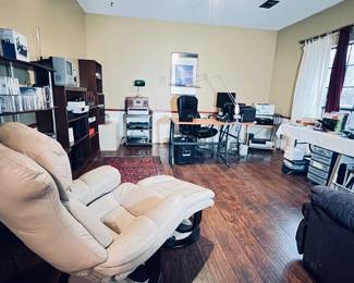 Office all the Items that include electronics, tv's, printers,reel to reel,reciever,lounger chair, recliner, all office supply 