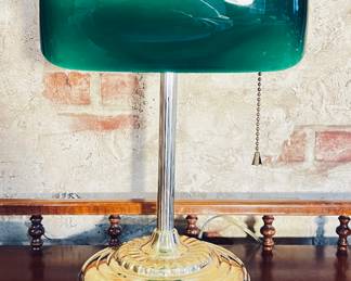 Vintage Green Banker Lamp , Brass lamp pull chain