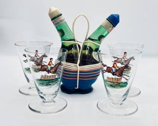 Mid century calamassi Chianti Green Mini glass Oil & Vinegar Cruets/ plastic rafia/ set of 4 huntsmen glasses 