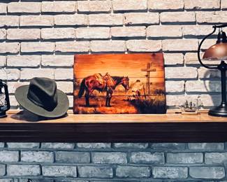 Mantel with Wooden Picture of a horse rustic look 