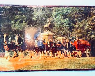 Bubwesier -Clydesdale Horses Wagon -Promotional Art Piece, On a wooden plaque. 