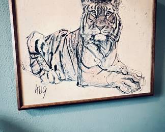 Vintage Fritz Rudolf Hug lithograph print on canvas titled "Recliner Tiger"