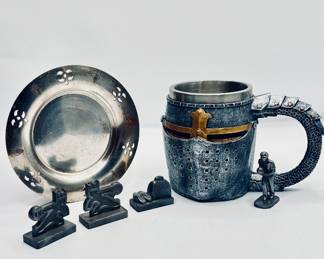 Pewter Plate and Mug, staged with bowling figurines
