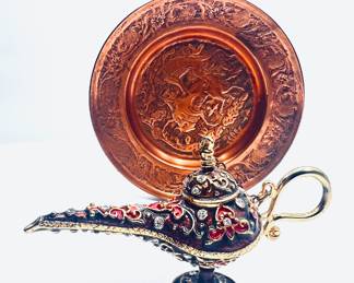 Genie Aladdin Lamp with nice stones  brass small plate made in Iran  