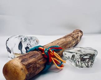 Wooden rain stick and 2 clear figurines , Bear and Stone 
