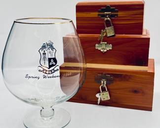 Nice large keuka glass , w/ 3 piece wooden mini storage trunks 