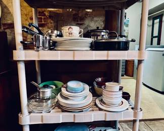 A wide variety of Housewares, plates, bowls, pots and pans,