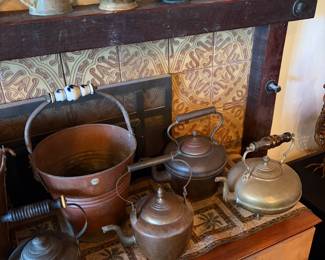Mixed metal pots, and teapots. 