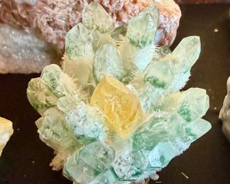 Natural Green Phantom Quartz Cluster with Golden Calcite