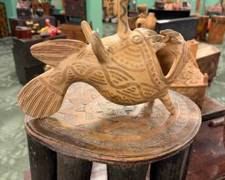 pre-Columbian Moche bi-chrome stirrup vessel in the form of an abstract fish, likely dating from 100 BCE to 650 CE $175/OBO