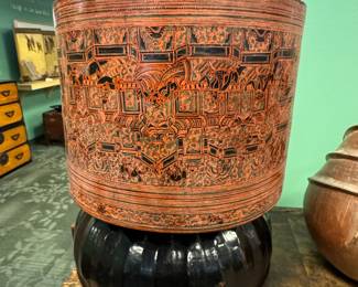 Antique Burmese Lacquerware Pedestal Vessel with Figural Scenes with 2 trays inside , $1,650/OBO