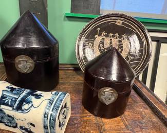 Antique Large Scale Nested Lacquered Conical lid wood storage containers Set of 4, East Asia, early 20th century, Value $2200 OBO;                                               Vintage Chinese ceramic headrest pillow , value $300 OBO