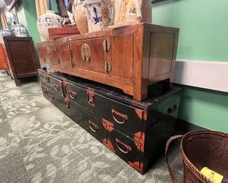 Antique Japanese Tansu Chest, Black lacquered exterior (urushi-style finish) heavy iron hardware (1850-1900) value $3000 OBO; Upper Asian wooden chest value $1400 OBO