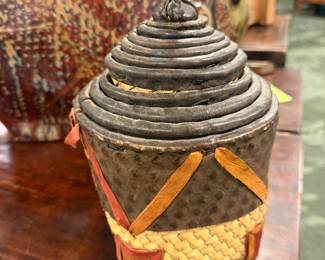 Traditional Southeast Asian woven nested set of 11 ritual or trade containers, early- mid 20th century , woven palm fiber with leather binding , value $600 OBO