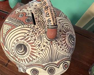 Hand made hand-painted folk pottery, Mexican, Frog effigy vessel, coin bank, mid 20th century, value $200 OBO