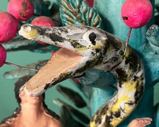 Vintage Latin American Folk Art Hand-painted Plaster sculpture composition 'Adam & Eve and serpent on a Tree' , mid 20th century, value $450 OBO