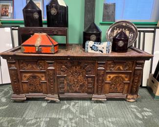Antique Large Scale Nested Lacquered Conical lid wood storage containers Set of 4, East Asia, early 20th century, Value $2200 OBO;                                                   Italian Renaissance Revival credenza / buffet, late 19th century, value $2800 OBO