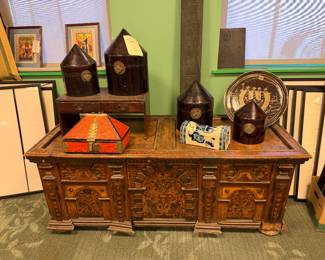 Italian Renaissance Revival credenza / buffet, late 19th century, value $2000 OBO;                                                Antique Large Scale Nested Lacquered Conical lid wood storage containers Set of 4, East Asia, early 20th century, Value $2200 OBO
