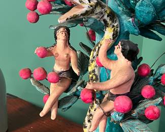 Vintage Latin American Folk Art Hand-painted Plaster sculpture composition 'Adam & Eve and serpent on a Tree' , mid 20th century, value $450 OBO