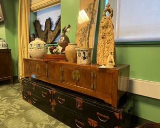 Antique Japanese Tansu Chest, Black lacquered exterior (urushi-style finish) heavy iron hardware (1850-1900) value $3000 OBO; Upper Asian wooden chest value $1400 OBO