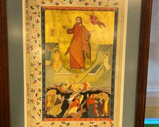 Hand painted Slavonic Orthodox manuscript leaf Ressurection / Anastasis  depiction mid 19th century, paper, value $700 OBO