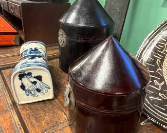Antique Large Scale Nested Lacquered Conical lid wood storage containers Set of 4, East Asia, early 20th century, Value $2200 OBO;                                                Vintage Chinese ceramic headrest pillow , value $300 OBO