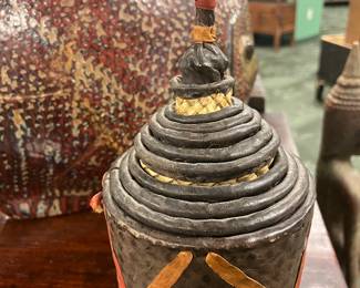 Traditional Southeast Asian woven nested set of 11 ritual or trade containers, early- mid 20th century , woven palm fiber with leather binding , value $600 OBO