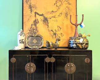 Antique Asian Black Lacquer Storage Cabinet with Brass Hardware, $1,850/OBO