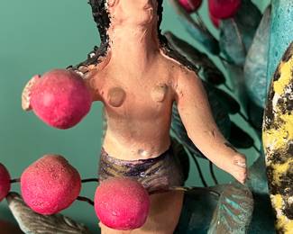 Vintage Latin American Folk Art Hand-painted Plaster sculpture composition 'Adam & Eve and serpent on a Tree' , mid 20th century, value $450 OBO