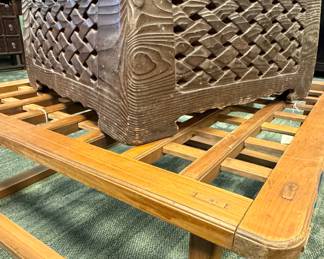 Antique Hand-Carved Wooden Hibachi / Planter with Copper Liner, $850/OBO and Antique Asian Lattice Wood Coffee Table, $1,200/OBO