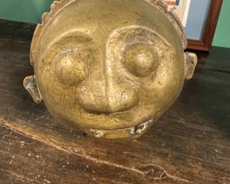 Pair of Vintage East or Southeast Asia Brass architectural finial Heads -hollow cast ritual / Temple ornament, mounted, late 19th to mid 20th century Value $300-$500 each OBO