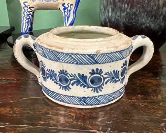 Handmade blue & white earthenware vessel, Mexican folk pottery, mid 20th century, value $80 OBO
