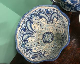 Vintage Handmade Blue & White tin-glazed earthenware Bowl, Mexican Talavera style, late 19th to early 20th century , signed, value $400 OBO