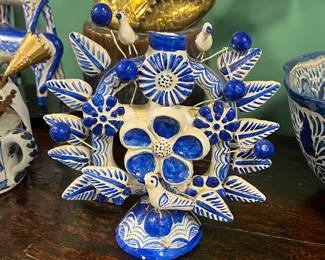 Handmade blue & white earthenware candelabra, Mexican folk art, mid 20th century , value $200 OBO