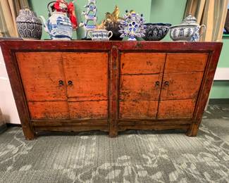 Antique Chinese red-laquered wood cabinet / sideboard, late Qing dynasty to early Republic (c.1880-1920), value $2800 OBO