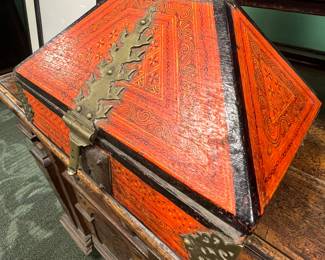 Antique hand-painted Pyramidal-Lid Wooden chest with brass hardware, North Africa or Middle Eastern style, early 20th century, $650 OBO