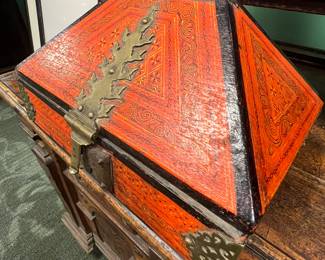 Antique hand-painted Pyramidal-Lid Wooden chest with brass hardware, North Africa or Middle Eastern style, early 20th century, $650 OBO