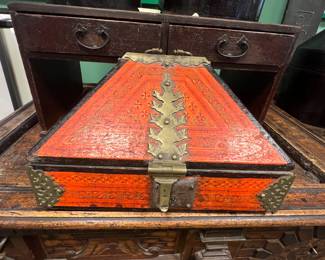 Antique hand-painted Pyramidal-Lid Wooden chest with brass hardware, North Africa or Middle Eastern style, early 20th century, $650 OBO