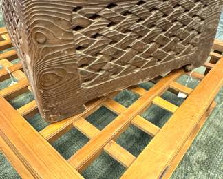 Antique Hand-Carved Wooden Hibachi / Planter with Copper Liner, $850/OBO and Antique Asian Lattice Wood Coffee Table, $1,200/OBO