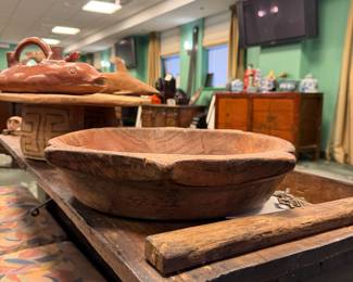Vintage hand-carved wooden dough bowl. 
It features a rustic, organic shape, typically hand-carved from a single block of dense wood. $450/OBO