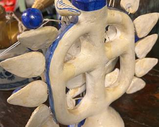 Handmade blue & white earthenware candelabra, Mexican folk art, mid 20th century , value $200 OBO