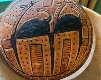 African (Mali, Burkina Faso, nothern Ghana) carved and handpainted gourd bowl (calabash) Mid 20th century , value $300 OBO 