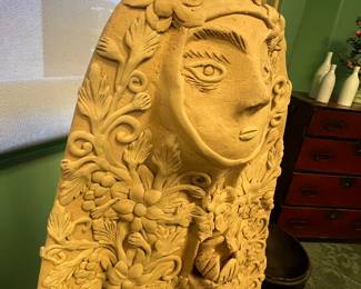 Large Terracotta / clay carved sculptural figurine, 20th c. Mexican influenced folk art, matte fish, value $1000 OBO