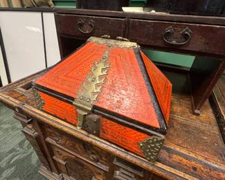 Antique hand-painted Pyramidal-Lid Wooden chest with brass hardware, North Africa or Middle Eastern style, early 20th century, $650 OBO