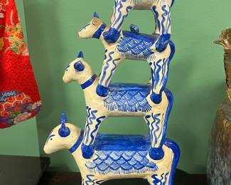 Handmade blue & white stacked-animal ceramic sculpture Mexican folk art, late 20th century, value $100 OBO